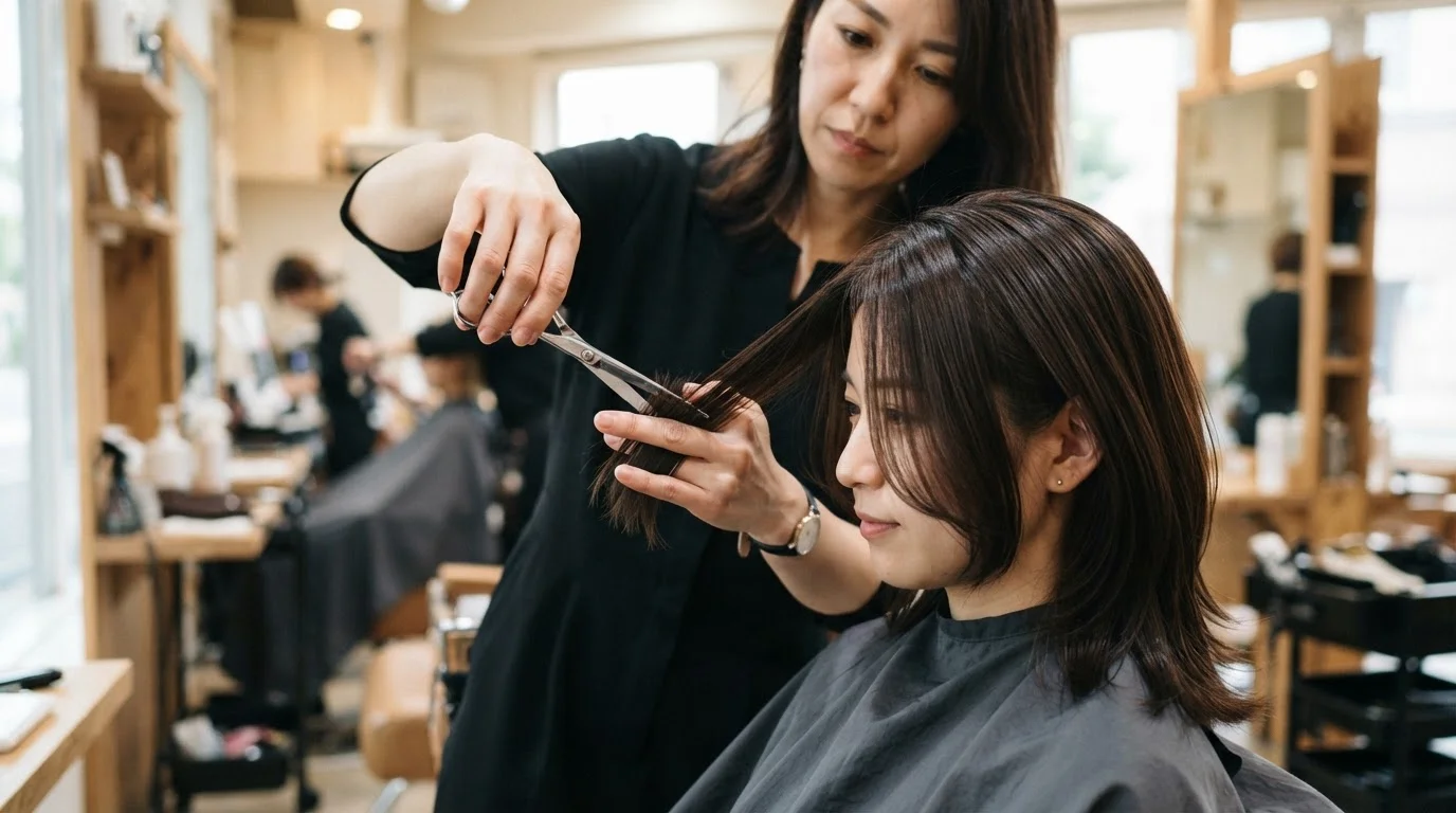 スタイリストが女性の髪をカットしている手元