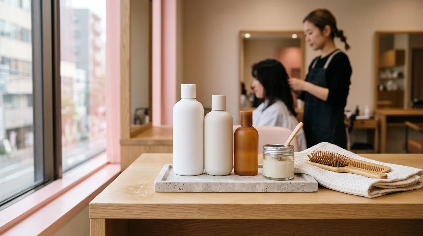 サロンの棚に並ぶシャンプーとヘアトリートメントのボトル