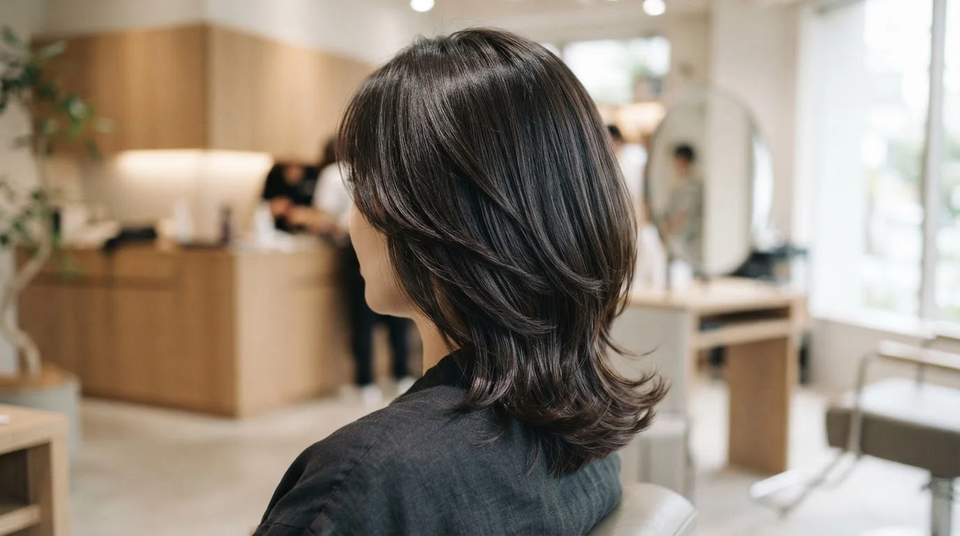 毛流れに沿って自然な艶が見えるヘアスタイルの後ろ姿