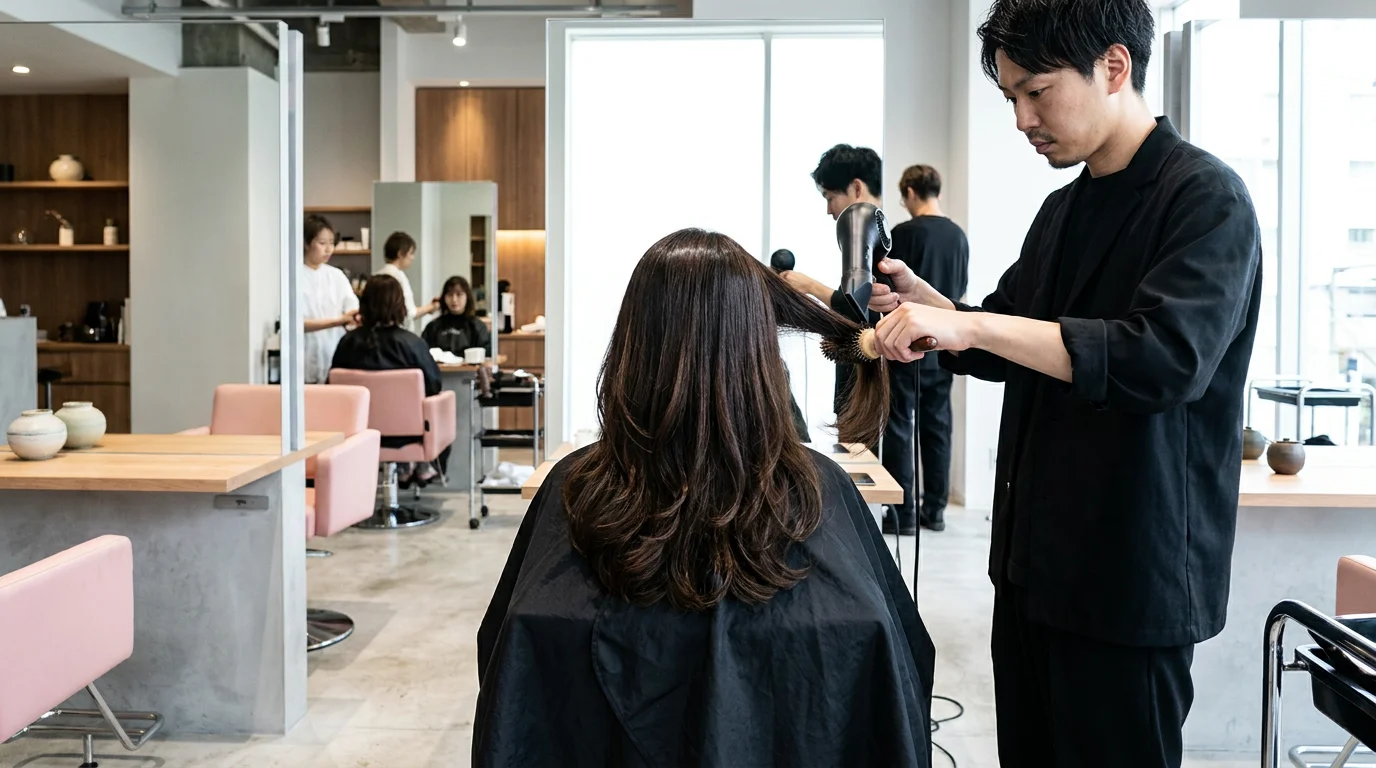 ヘアスタイルを整えた女性の後ろ姿と艶のあるロングヘア