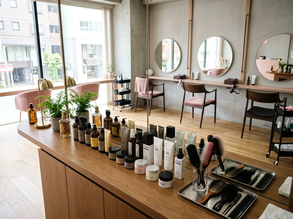 洗い流さないヘアケア剤とブラシが並ぶサロンのカウンター